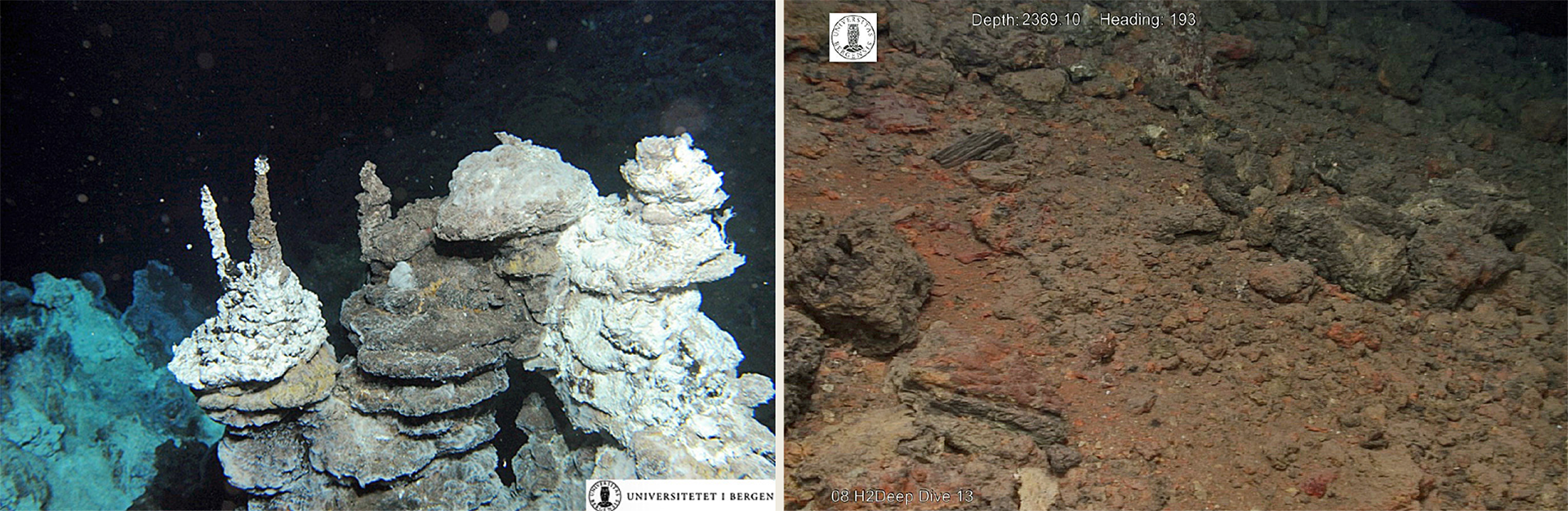 Figure 8.2 Active (left) and inactive (right) sulphide deposits in the Norwegian Sea.
